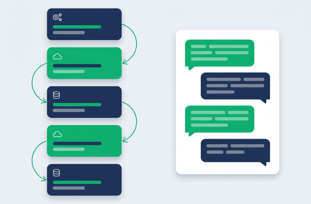 A flat illustration of a five-step agent workflow graph beside a chat conversation panel, representing an AI agent handling a multi-step task