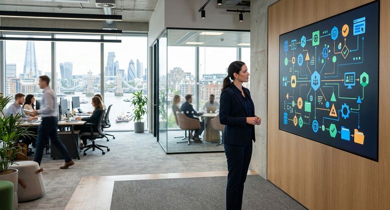Businesswoman reviewing an abstract automation workflow diagram on a wall-mounted screen in a modern office