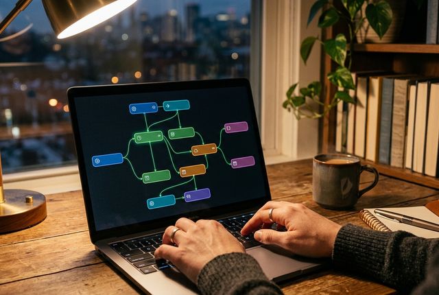 Hands typing on a laptop with a dark-themed automation workflow canvas glowing on screen at dusk