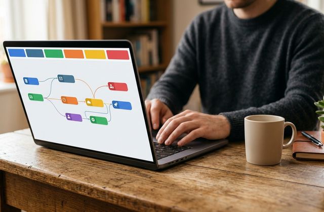 Laptop on a wooden desk showing an abstract automation workflow builder with connected nodes