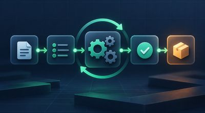 A vertical illustration of three connected checkmarked circles, each paired with a small gear, workflow-loop, or cloud-sync icon, representing repeatable steps ready to automate.