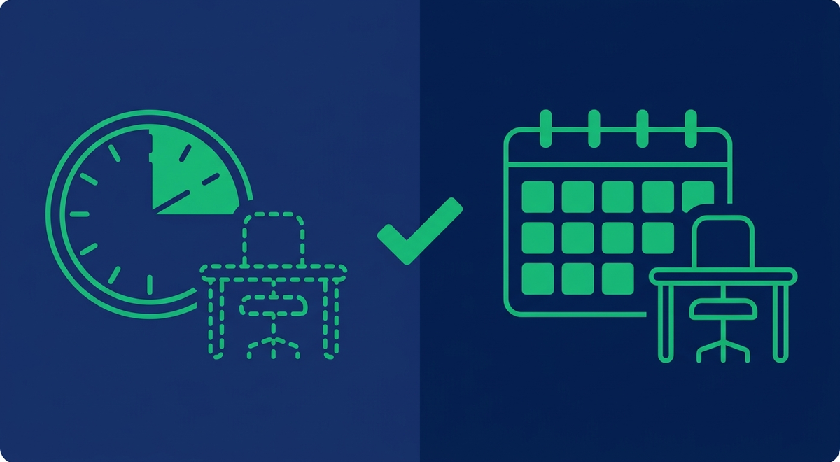 A split icon illustration: a clock with only a few hours filled beside a dashed-outline chair on one side, and a fully filled weekly calendar beside a solid chair on the other, both pointing toward a checkmark at center.