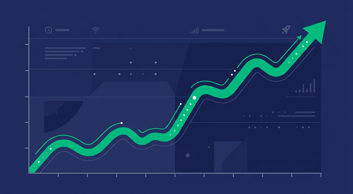 A rising performance graph in green climbing steadily upward against a dark dashboard background, ending in an upward arrow.