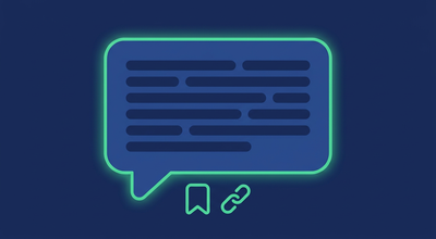 A chat-style answer bubble illustration with abstract text-line bars and a small bookmark-and-link icon attached at the bottom edge, representing an AI-generated answer with a cited source.