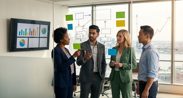 Four business professionals discussing strategy at a glass wall with abstract diagram sketches and a wall-mounted screen showing chart visuals, city skyline in the background