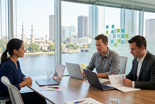 Three colleagues working with laptops at a table in a glass-walled meeting room with scattered colored sticky notes on the window and the Tampa skyline beyond