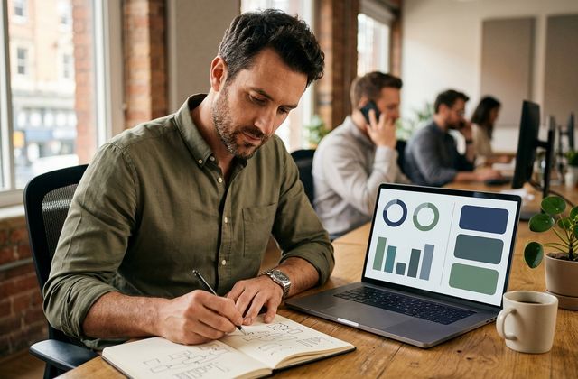 Professional sketching a planning diagram in a notebook beside an open laptop showing abstract chart visuals, in a busy open-plan office