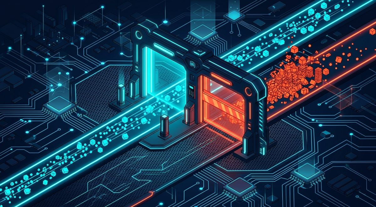 An isometric gate straddling two circuit-board lanes: cyan data cubes pass freely through the open side while orange cubes pile up behind the closed red barrier.