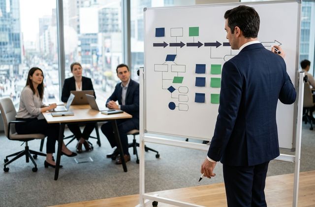 An executive presenting an abstract flowchart and colored sticky notes on a whiteboard to three colleagues in a city-view office