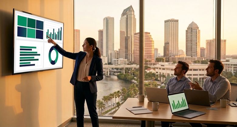 iServU team reviewing performance results on a wall display and laptops, with the Tampa skyline visible through the office windows
