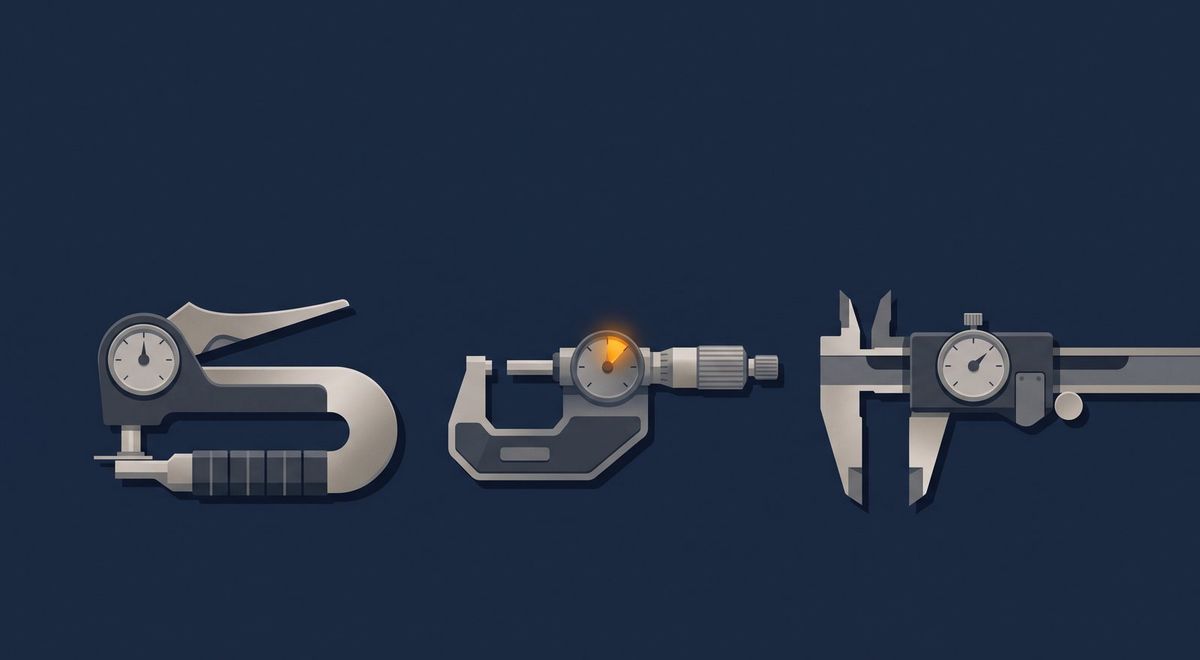 Three clean measurement instruments arranged in a row on a dark surface, precise and professional.