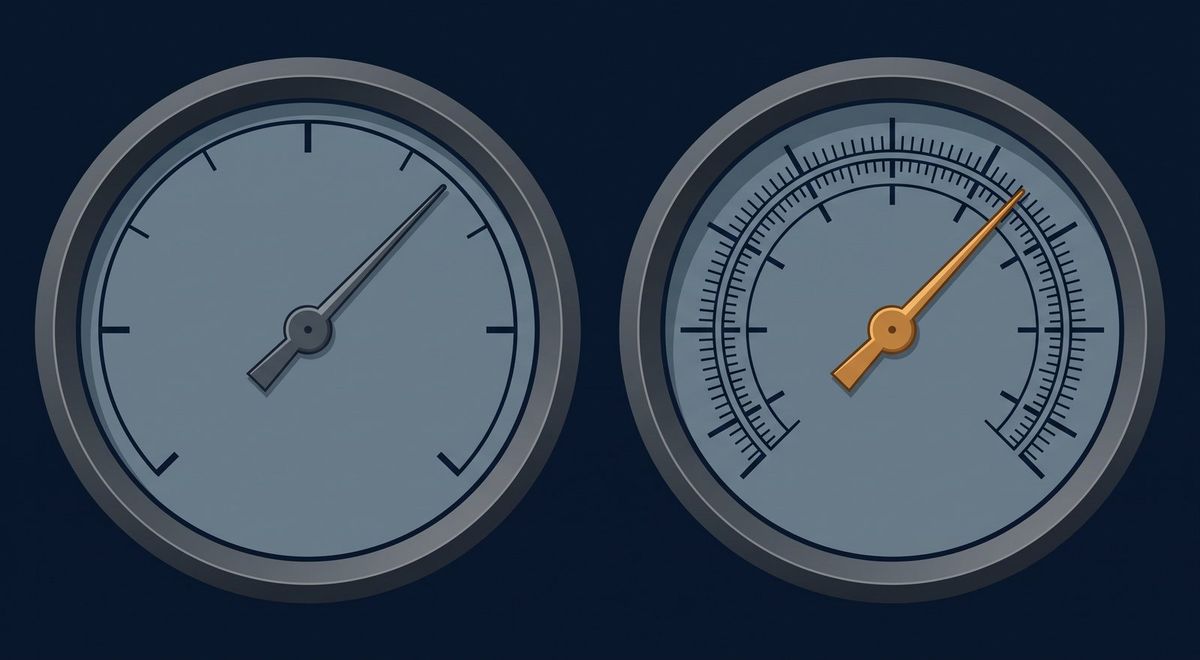 Two measurement dials side by side, an older single-needle gauge beside a newer multi-point scale with an amber needle.