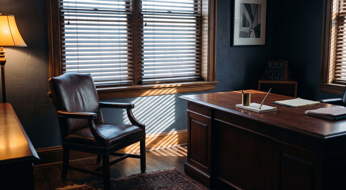 A sparse law office with an empty leather chair at a polished desk, blinds striping the afternoon light across it.
