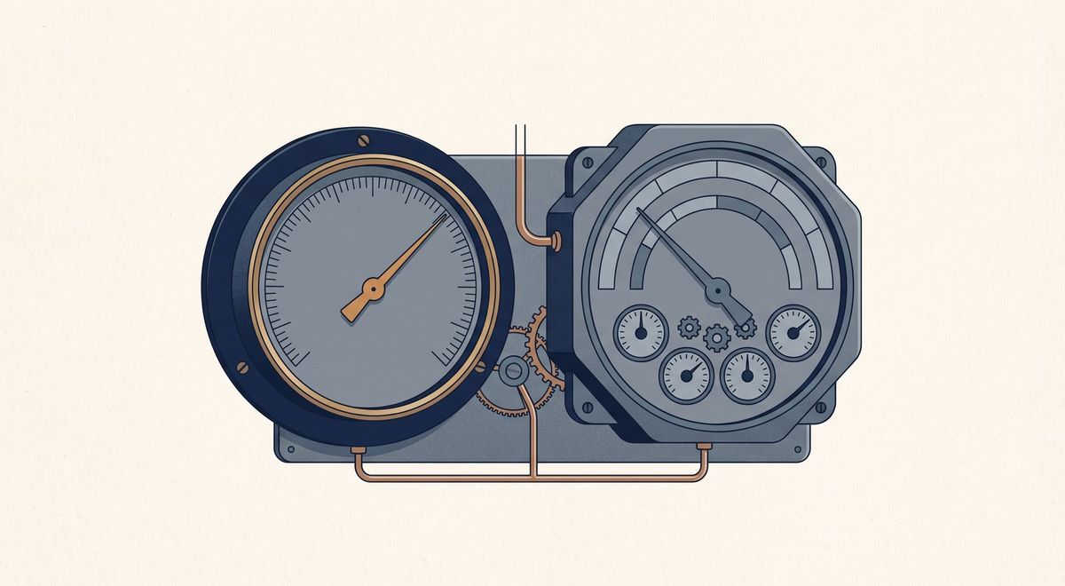Two instruments giving conflicting readings, a polished gauge reading high beside a multi-source indicator reading lower.