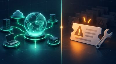 Two icons side by side: a green help-desk ticket icon on the left and a navy network-monitoring dashboard icon on the right, contrasting reactive support with proactive monitoring.