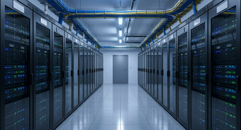 Data center server rack corridor with organized overhead cabling, representing iServU's managed IT infrastructure