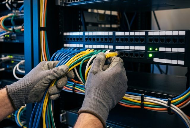 Technician's hands patching network cables into a server rack patch panel