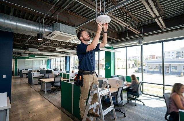 A technician on a ladder installs a ceiling-mounted Wi-Fi access point in a small office with large windows overlooking a Tampa street.