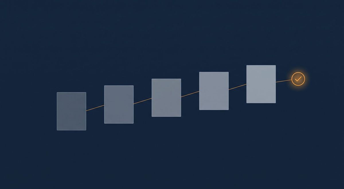 Five page shapes in a row, each larger than the last, linked by a thin amber line rising toward a conversion point.