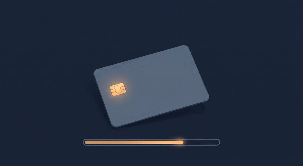 A plain credit card with an amber-lit chip above a thin progress bar showing a balance being drawn down.