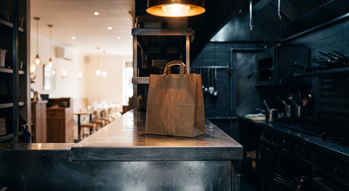 A takeout bag waiting alone on a stainless steel kitchen pass-through, the dining room pale and out of focus beyond.