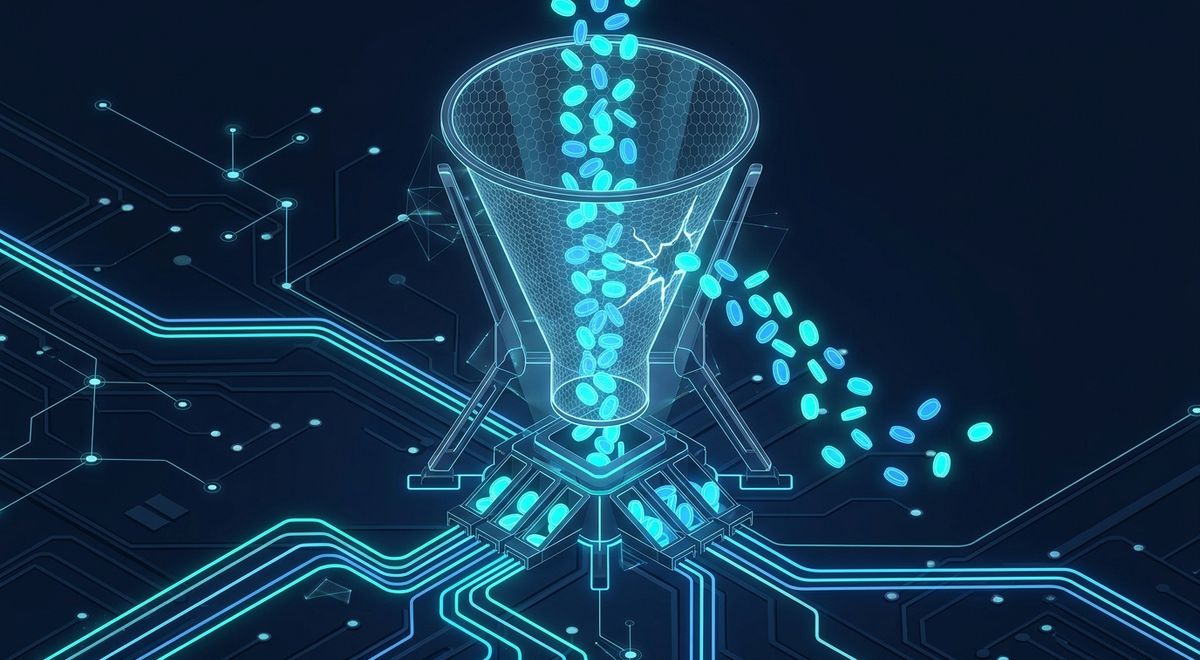 An isometric funnel on a circuit board with glowing coins pouring in from above, and a crack in its wall spilling a stream of coins out the side.