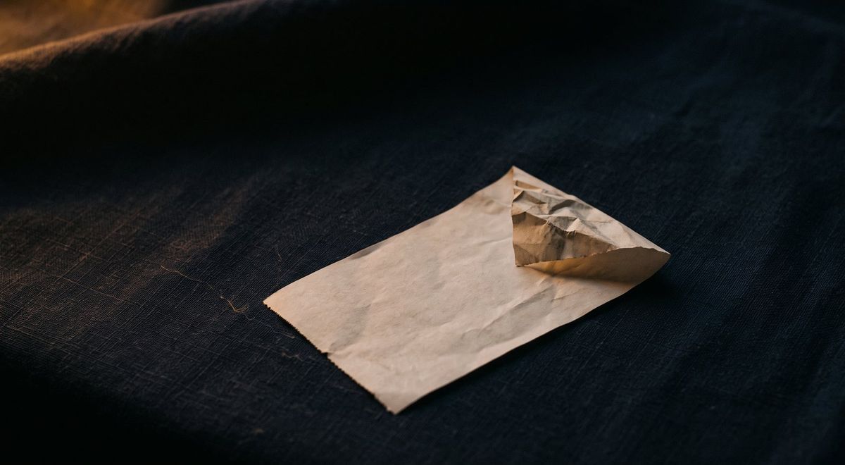 A blank printed receipt lying crumpled at one corner on a dark surface under directional amber light.