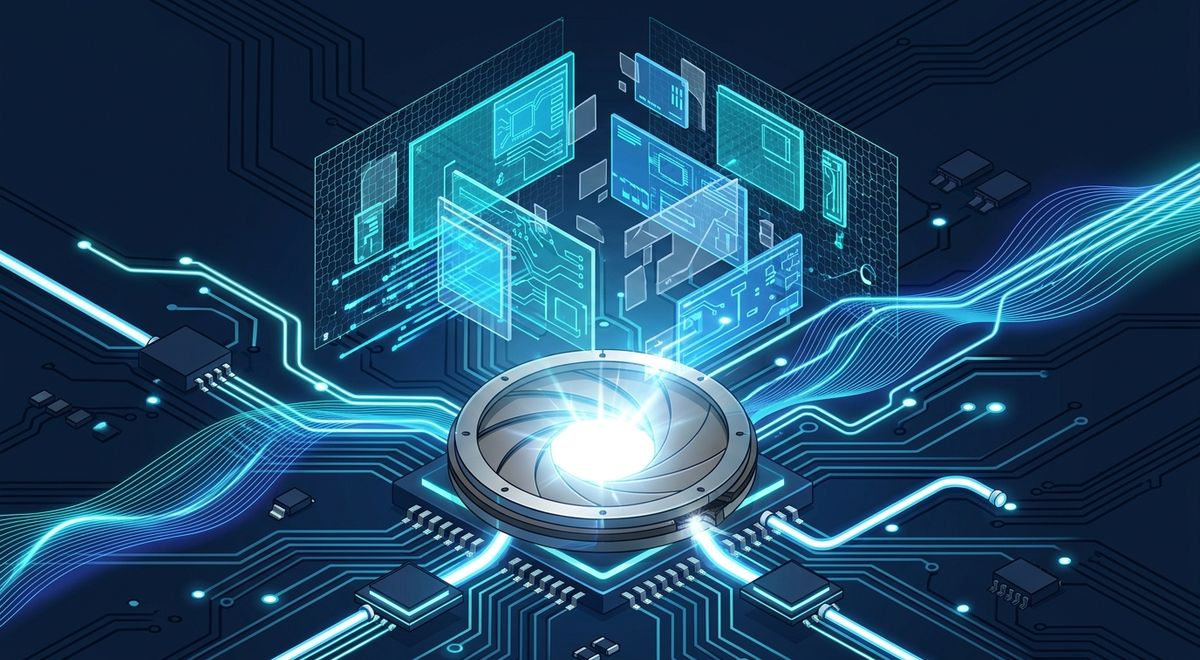 An isometric camera shutter set into a processor, flaring with white light beneath floating translucent panels of a half-rendered page layout.