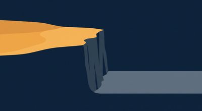 A topographic profile where a gentle amber plateau drops abruptly down a sharp vertical cliff face to flat grey.