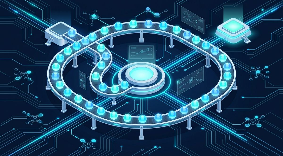 An isometric conveyor loop carrying rows of glowing user figures endlessly around a circular hub at the center of a circuit board.
