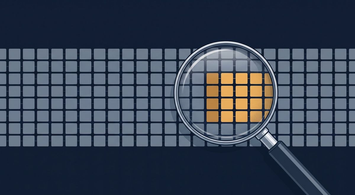 A magnifying glass over a grid of session tiles, most muted slate for single-page exits with a small amber cluster remaining.