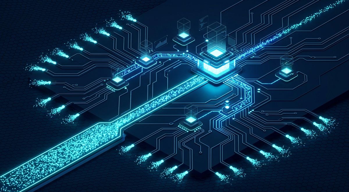 An isometric circuit board where a dense stream of glowing particles reaches a central processor while dozens of smaller streams scatter away from it in every direction.