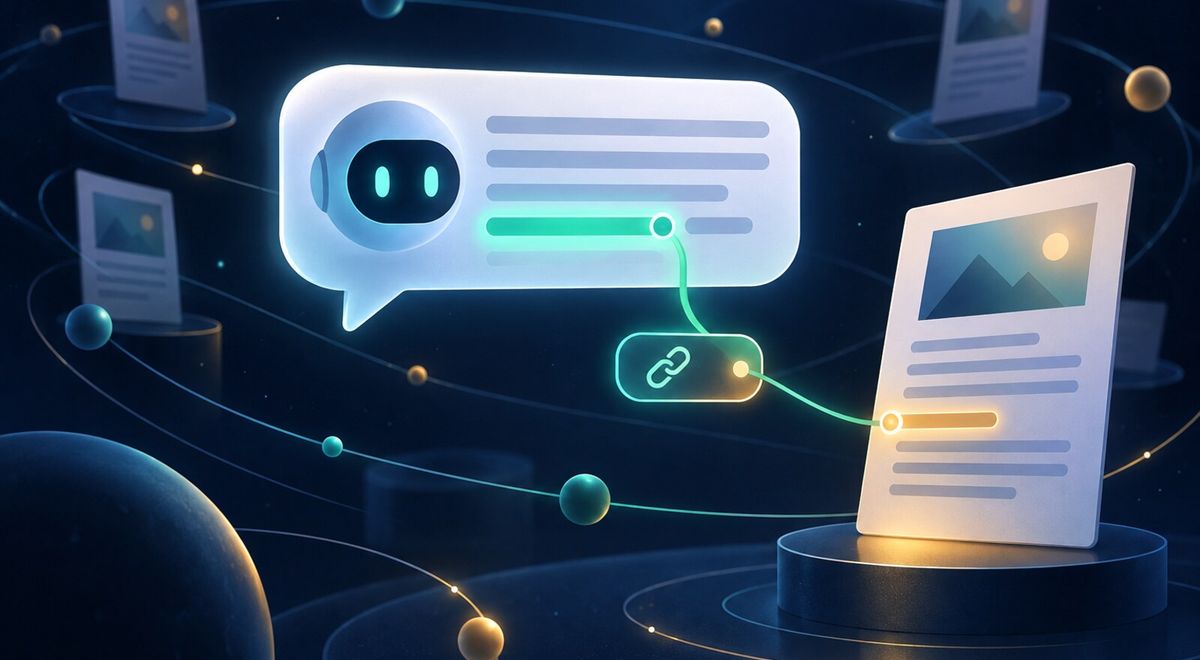 A chat-style answer bubble illustration with abstract text-line bars and a small bookmark-and-link icon attached at the bottom edge, representing an AI-generated answer with a cited source.